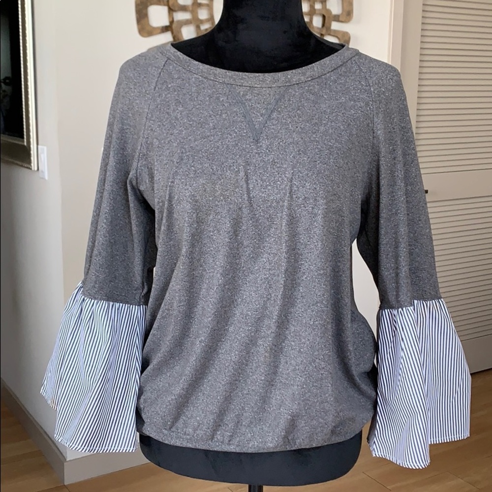 Casual grey top w/ big striped bell poofy sleeves